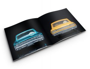 Opened Carface booklet, a project by photographer Jeff Kauffman featuring vintage Matchbox cars