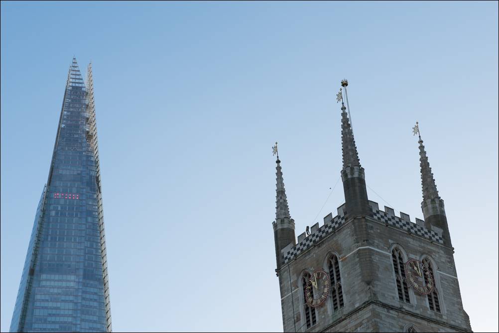 Build. Old and New in London UK. A photograph by Jeff Kauffman of the Tower of London juxtaposed with the Shard. ©Jeff Kauffman