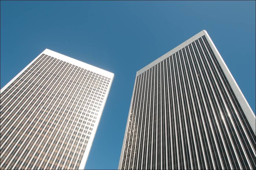 Build. Office Towers of Century City. A photograph by Jeff Kauffman of twin office towers in Century City, CA USA. ©Jeff Kauffman