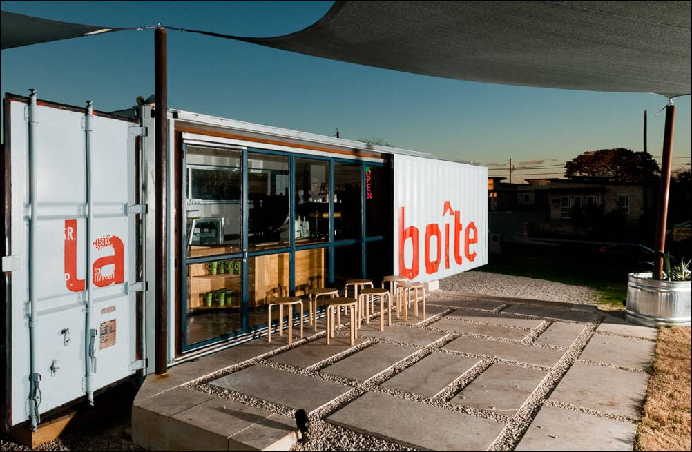 Build. The Box. A photograph by Jeff Kauffman of La Boite, a coffee cafe in Austin TX USA made of a shipping container. ©Jeff Kauffman